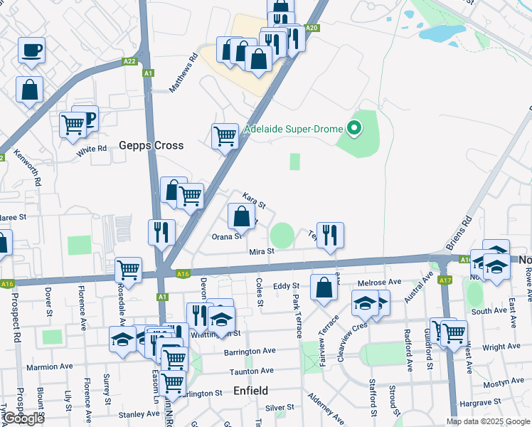 map of restaurants, bars, coffee shops, grocery stores, and more near 21 Kara Street in Gepps Cross