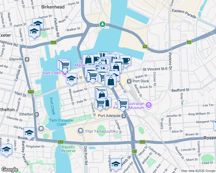 map of restaurants, bars, coffee shops, grocery stores, and more near 104 Commercial Road in Port Adelaide