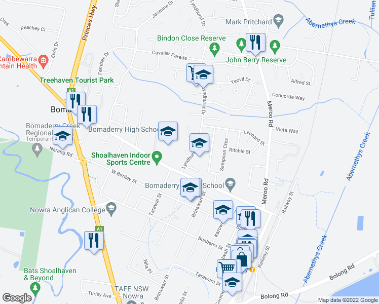 map of restaurants, bars, coffee shops, grocery stores, and more near 13 Lyndhurst Drive in Bomaderry