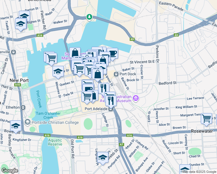 map of restaurants, bars, coffee shops, grocery stores, and more near 13 Charlotten Street in Port Adelaide