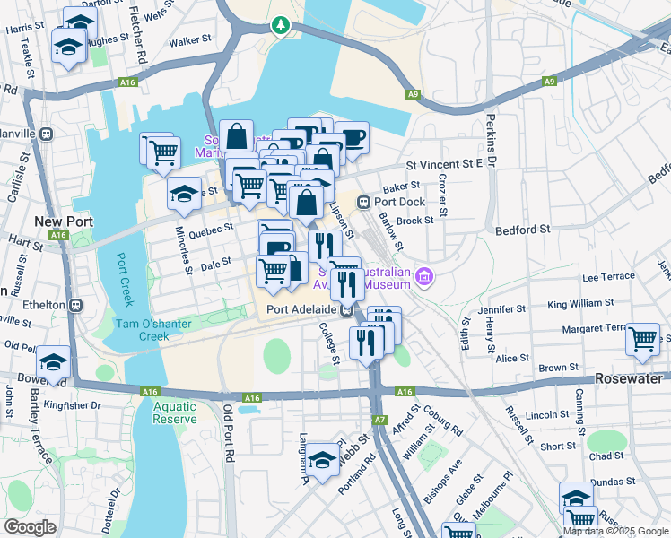 map of restaurants, bars, coffee shops, grocery stores, and more near Sinclair Street in Port Adelaide