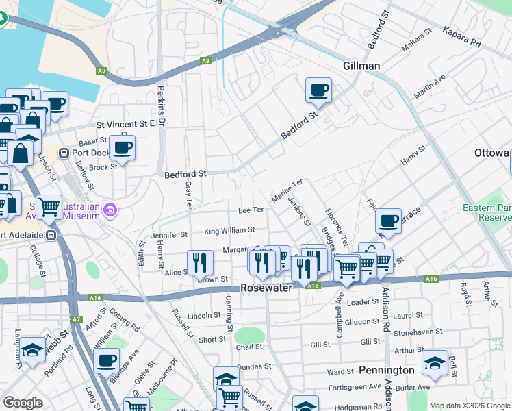map of restaurants, bars, coffee shops, grocery stores, and more near 41 Lee Terrace in Gillman