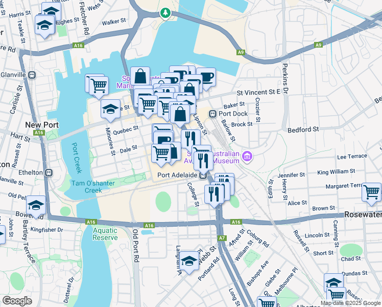 map of restaurants, bars, coffee shops, grocery stores, and more near Sinclair Street in Port Adelaide