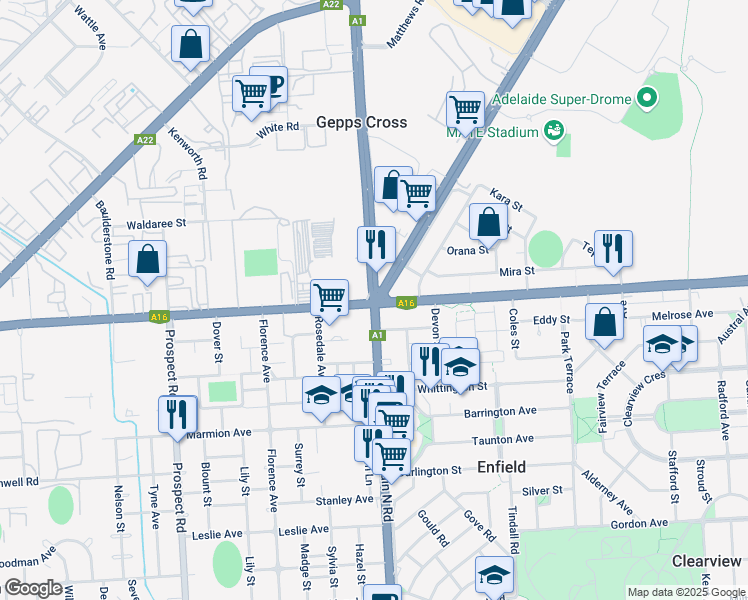 map of restaurants, bars, coffee shops, grocery stores, and more near Grand Junction Rd in Gepps Cross