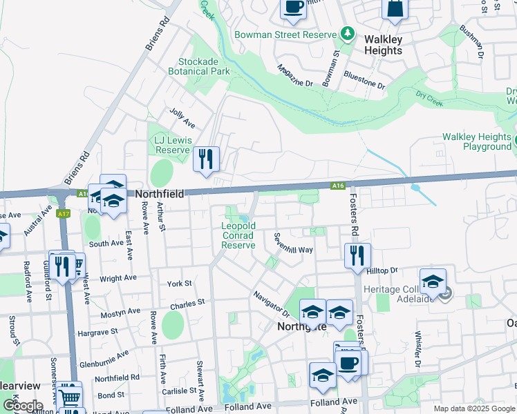 map of restaurants, bars, coffee shops, grocery stores, and more near 66 Vickers Vimy Parade in Northgate
