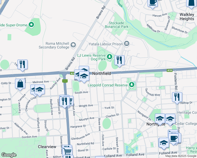 map of restaurants, bars, coffee shops, grocery stores, and more near 90 Rowe Avenue in Northfield