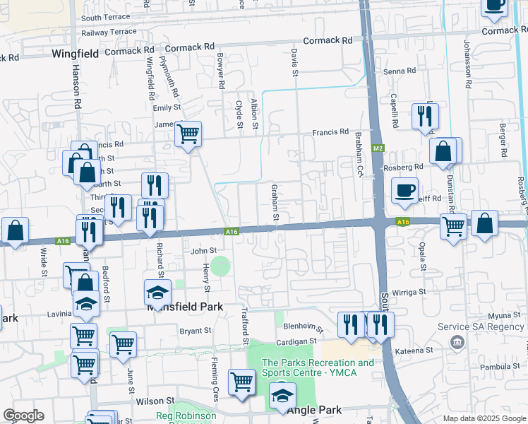 map of restaurants, bars, coffee shops, grocery stores, and more near 6 Penley Avenue in Wingfield