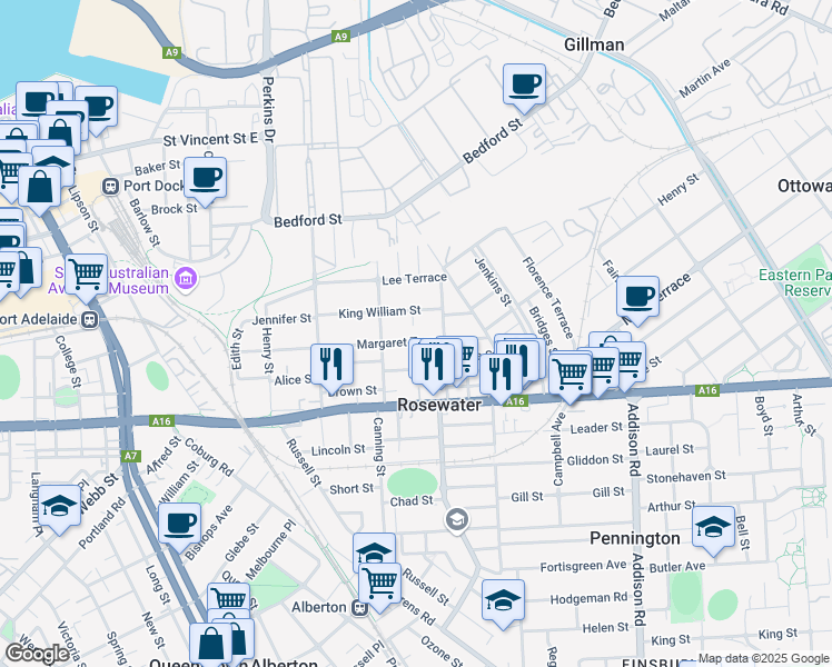 map of restaurants, bars, coffee shops, grocery stores, and more near 43 Margaret Terrace in Rosewater