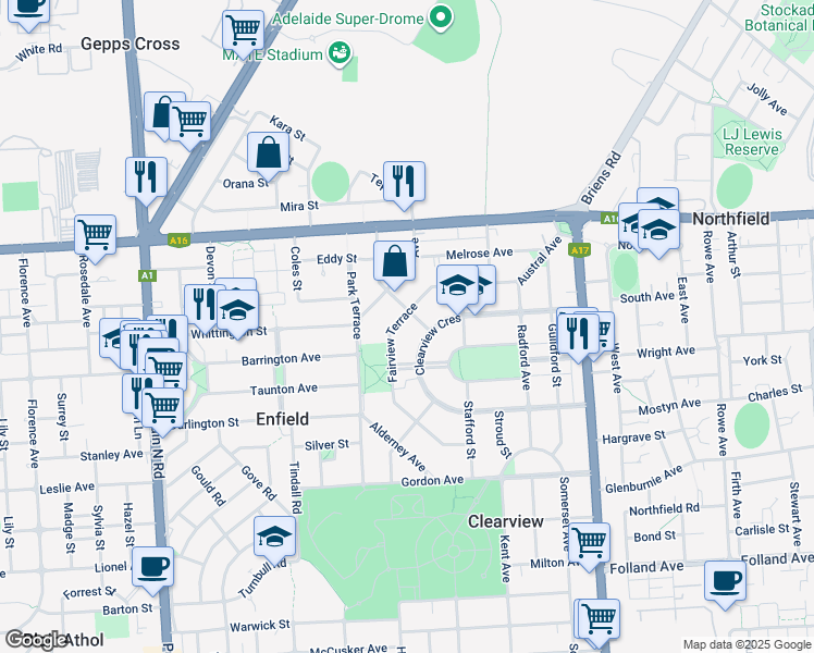 map of restaurants, bars, coffee shops, grocery stores, and more near 43 Fairview Terrace in Clearview