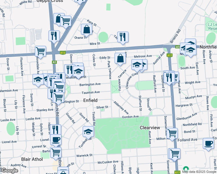 map of restaurants, bars, coffee shops, grocery stores, and more near 11 Park Terrace in Enfield