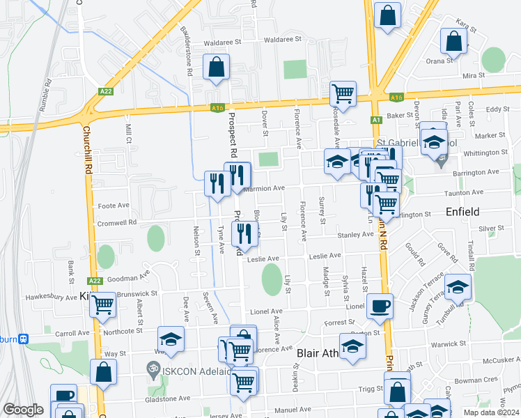 map of restaurants, bars, coffee shops, grocery stores, and more near 22 Blount Street in Blair Athol