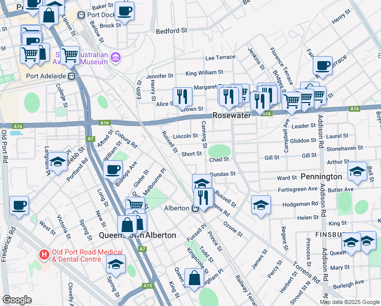 map of restaurants, bars, coffee shops, grocery stores, and more near 11 Short Street in Rosewater