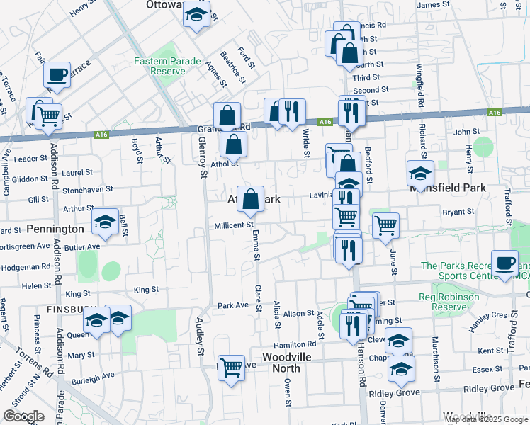 map of restaurants, bars, coffee shops, grocery stores, and more near 32A Lavinia Street in Athol Park