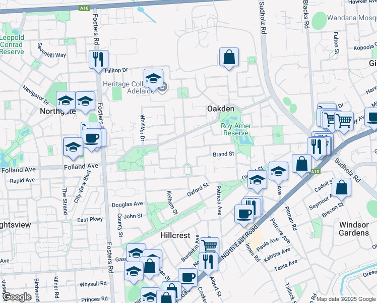 map of restaurants, bars, coffee shops, grocery stores, and more near 12 Sissinghurst Drive in Oakden