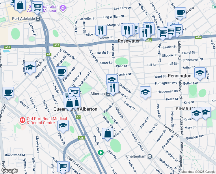 map of restaurants, bars, coffee shops, grocery stores, and more near 803 Torrens Road in Alberton