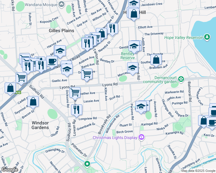 map of restaurants, bars, coffee shops, grocery stores, and more near 115 Lyons Road in Windsor Gardens