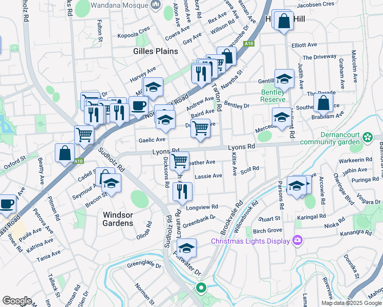 map of restaurants, bars, coffee shops, grocery stores, and more near 79 Lyons Road in Windsor Gardens