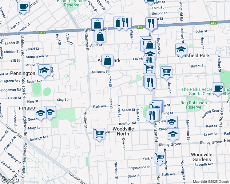 map of restaurants, bars, coffee shops, grocery stores, and more near 5 Corymbia Avenue in Athol Park