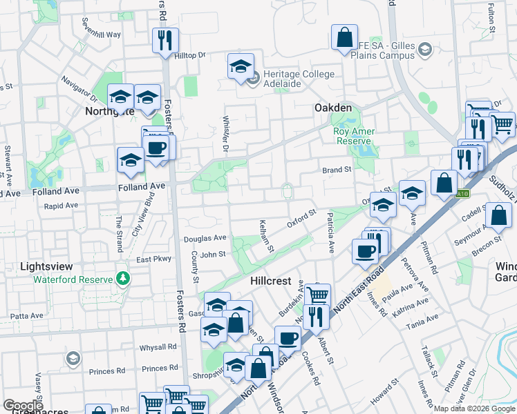 map of restaurants, bars, coffee shops, grocery stores, and more near in Oakden
