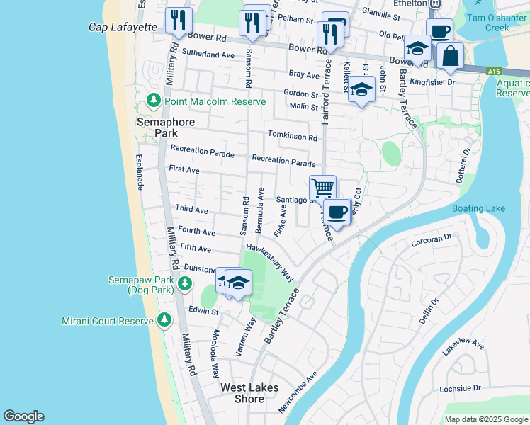 map of restaurants, bars, coffee shops, grocery stores, and more near 21 Bermuda Avenue in West Lakes Shore