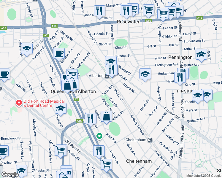 map of restaurants, bars, coffee shops, grocery stores, and more near 37 Prince Street in Alberton