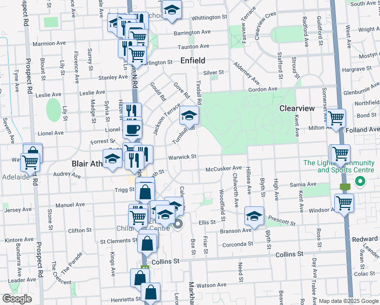 map of restaurants, bars, coffee shops, grocery stores, and more near 38 Warwick Street in Enfield