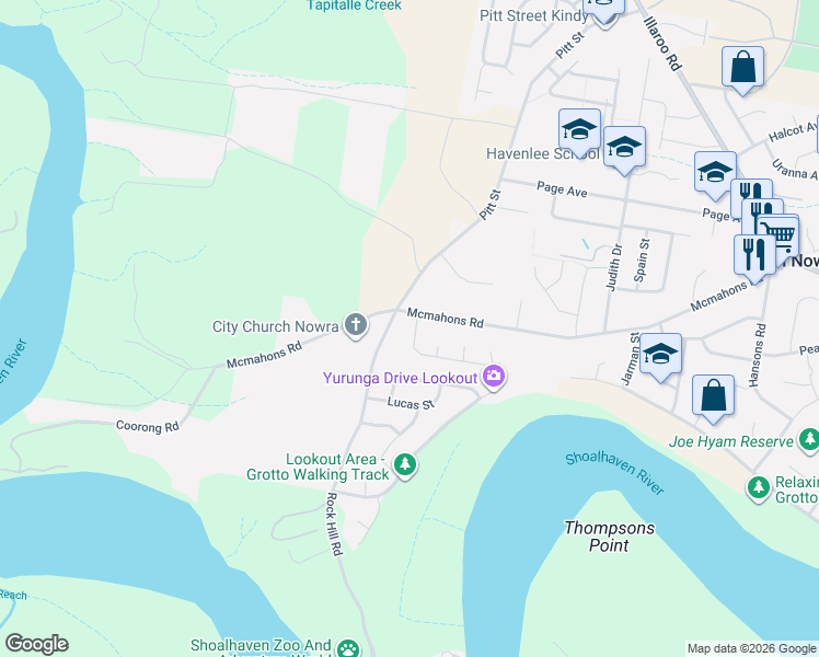 map of restaurants, bars, coffee shops, grocery stores, and more near 5 Devlin Avenue in North Nowra