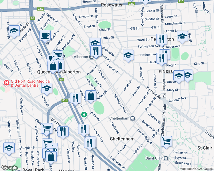 map of restaurants, bars, coffee shops, grocery stores, and more near 5 Prince Street in Alberton