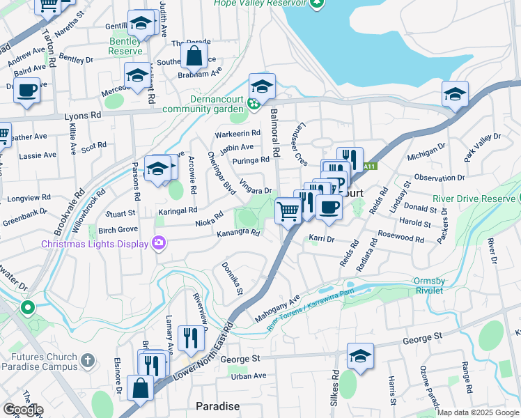 map of restaurants, bars, coffee shops, grocery stores, and more near 17-29 Balmoral Road in Dernancourt