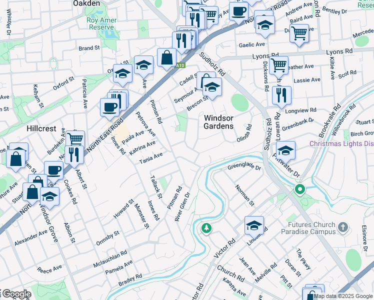 map of restaurants, bars, coffee shops, grocery stores, and more near 7 Tindara Avenue in Windsor Gardens