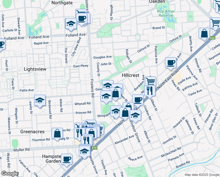 map of restaurants, bars, coffee shops, grocery stores, and more near 17 Gascoyne Avenue in Hillcrest