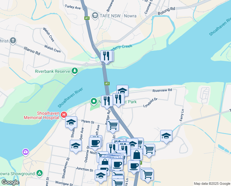 map of restaurants, bars, coffee shops, grocery stores, and more near 10 Wharf Road in Nowra