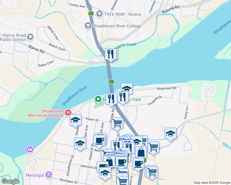 map of restaurants, bars, coffee shops, grocery stores, and more near 10 Wharf Road in Nowra