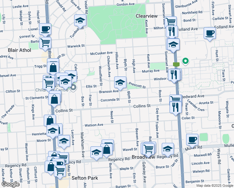 map of restaurants, bars, coffee shops, grocery stores, and more near 69 Branson Avenue in Clearview