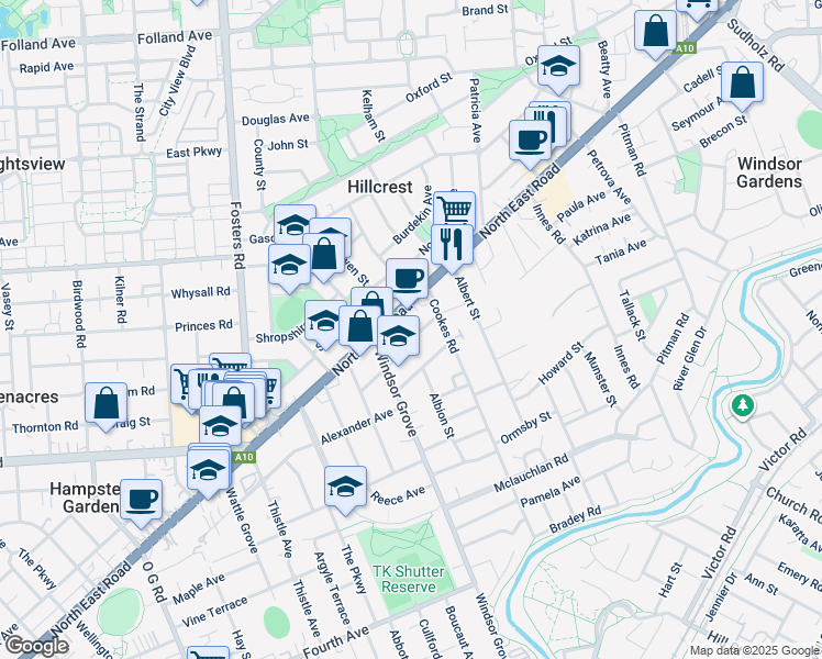 map of restaurants, bars, coffee shops, grocery stores, and more near 18 Hillburn Avenue in Windsor Gardens