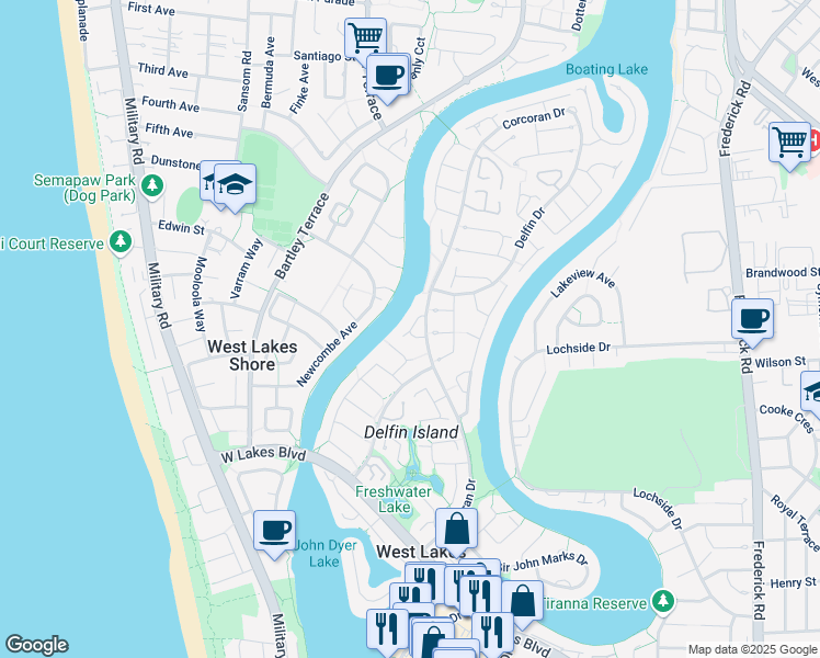 map of restaurants, bars, coffee shops, grocery stores, and more near Anthea Court in West Lakes