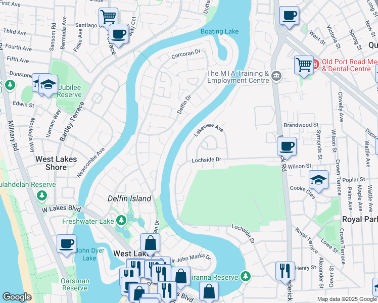map of restaurants, bars, coffee shops, grocery stores, and more near 6 Lakeview Avenue in West Lakes