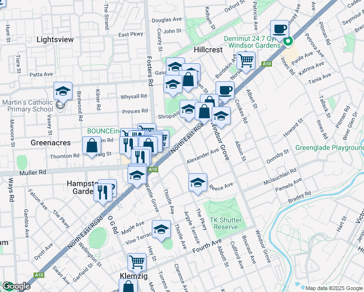 map of restaurants, bars, coffee shops, grocery stores, and more near 338 North East Road in Klemzig