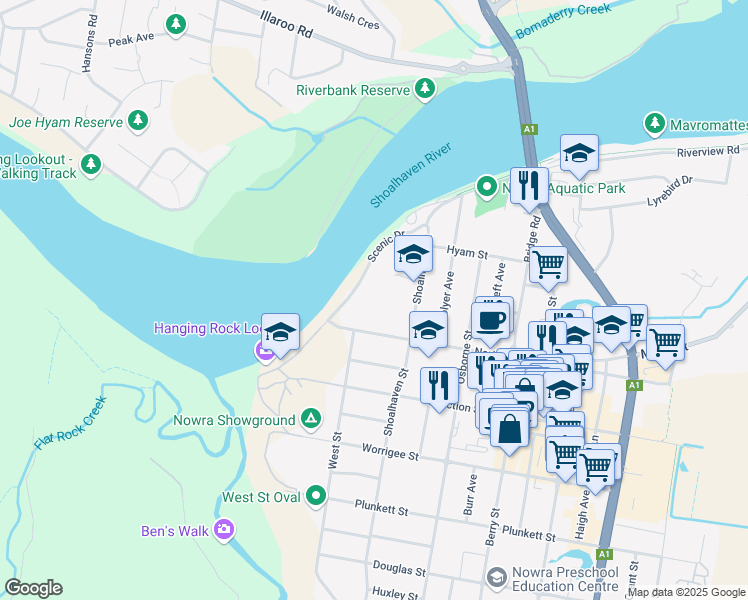 map of restaurants, bars, coffee shops, grocery stores, and more near North Street in Nowra