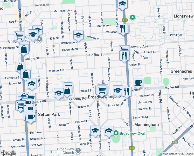 map of restaurants, bars, coffee shops, grocery stores, and more near 28 Robert Avenue in Broadview