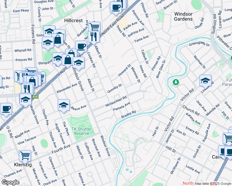 map of restaurants, bars, coffee shops, grocery stores, and more near 36 Mclauchlan Road in Windsor Gardens