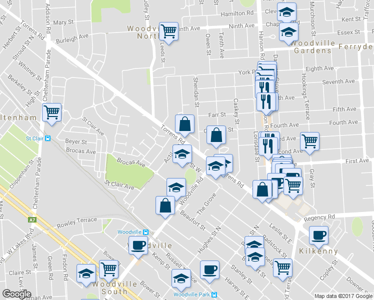 map of restaurants, bars, coffee shops, grocery stores, and more near 555 Torrens Road in Woodville