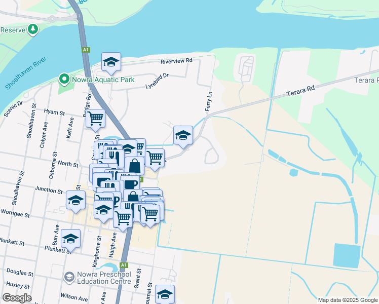 map of restaurants, bars, coffee shops, grocery stores, and more near 90 Moss Street in Nowra