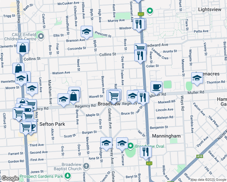map of restaurants, bars, coffee shops, grocery stores, and more near 12 Robert Avenue in Broadview