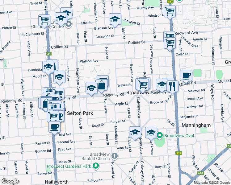 map of restaurants, bars, coffee shops, grocery stores, and more near 556 Regency Road in Broadview