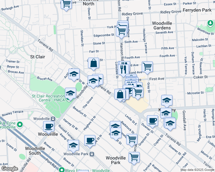 map of restaurants, bars, coffee shops, grocery stores, and more near 2 Panmure Place in Woodville North