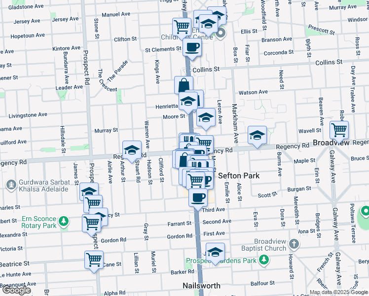 map of restaurants, bars, coffee shops, grocery stores, and more near 486 Regency Road in Prospect
