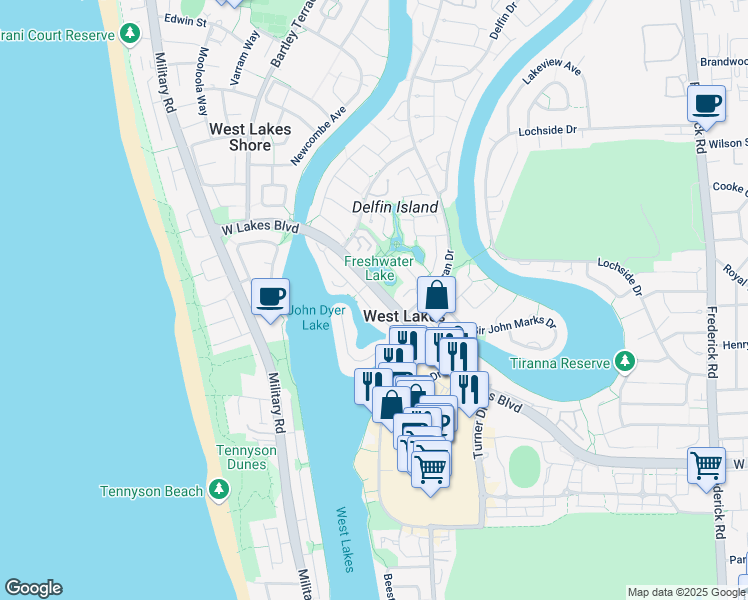 map of restaurants, bars, coffee shops, grocery stores, and more near 2 Martin Court in West Lakes