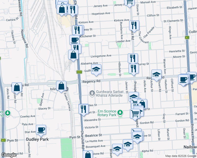 map of restaurants, bars, coffee shops, grocery stores, and more near 356 Regency Road in Prospect