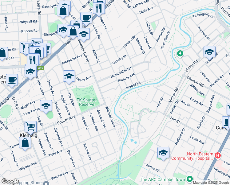 map of restaurants, bars, coffee shops, grocery stores, and more near 8 Muhlhan Avenue in Windsor Gardens